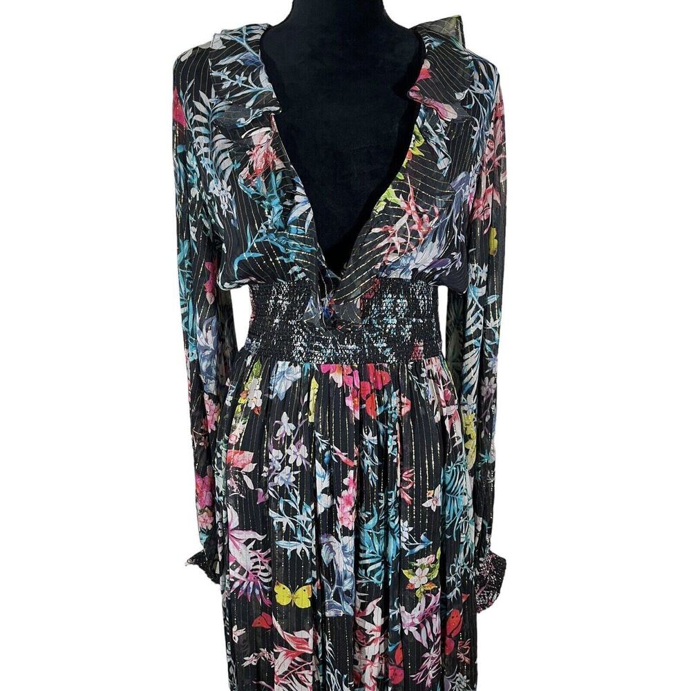 Rococo Sand Black Floral Metallic Moonlight Maxi Dress Boho Resort Size Medium - Picture 6 of 10